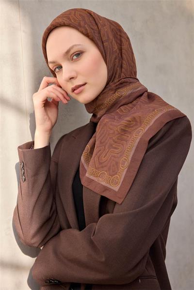 Viskon Velora Eşarp Dört Mevsim Zincir Desen Çikolata 90x90