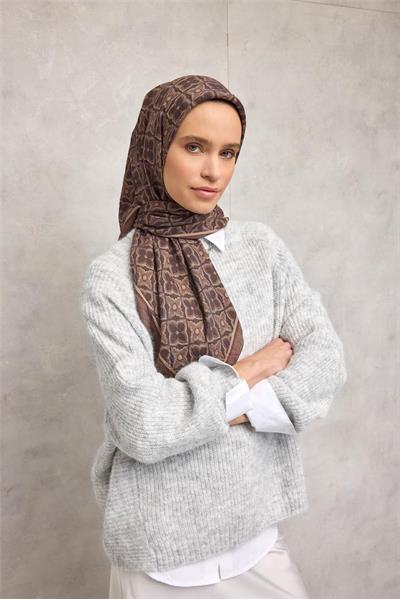 Viskon Velora Eşarp Espresso Kahve Yonca Desenli Tok Duruşlu 90x90