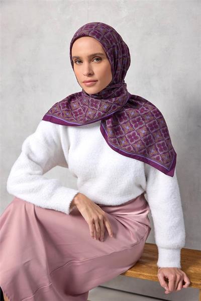 Viskon Velora Eşarp Yonca Desenli Canlı Mor Tok Duruşlu Dört Mevsim 90x90