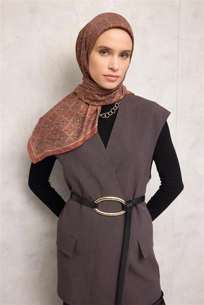 Viskon Velora Eşarp Kiremit Yonca Desenli Tok Duruşlu 90x90