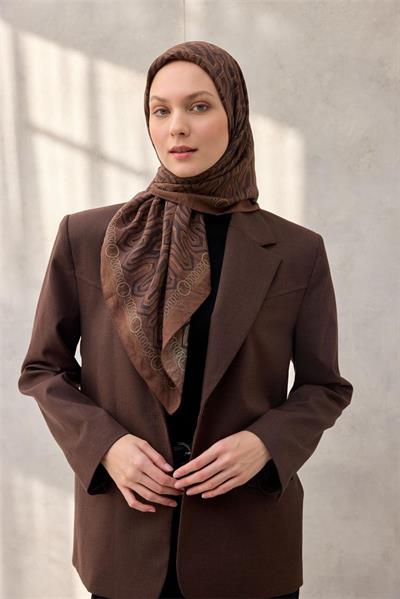 Viskon Velora Eşarp Dört Mevsim Zincir Desen Koyu Tarçın 90x90