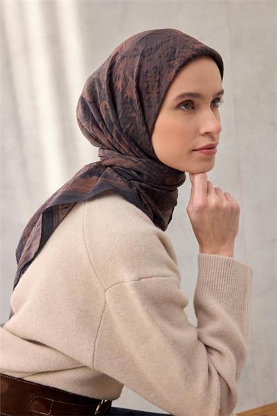 Viskon Velora Eşarp Karma Desenli Acı Kahverengi Tok Duruşlu Dört Mevsim 90x90