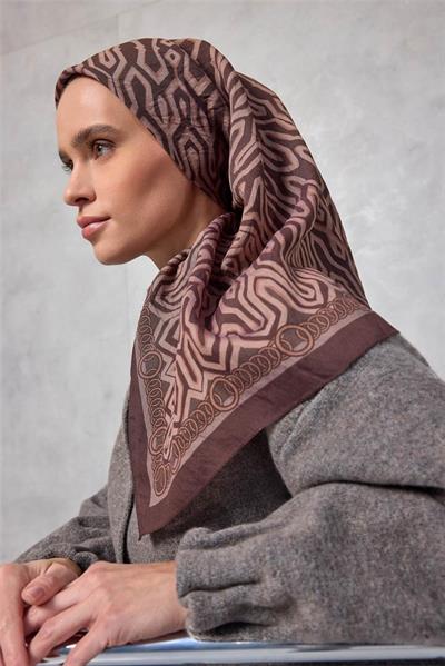 Viskon Velora Eşarp Dört Mevsim Zincir Desen Acı Kahve 90x90