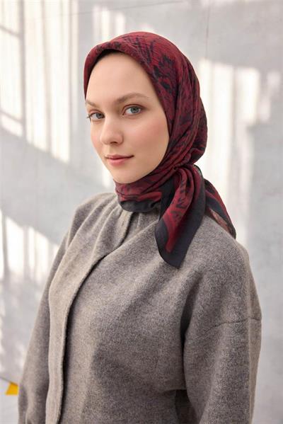 Viskon Velora Eşarp Dört Mevsim Karma Desen Bordo 90x90