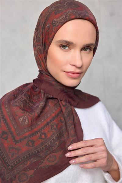 Viskon Velora Eşarp Dört Mevsim Kızıl Kahve 90x90