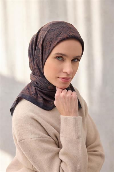 Viskon Velora Eşarp Karma Desenli Acı Kahverengi Tok Duruşlu Dört Mevsim 90x90