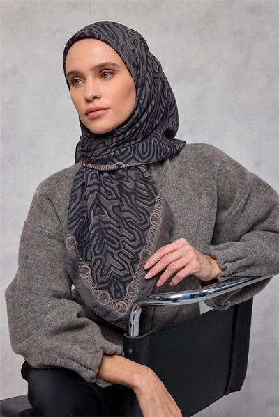 Viskon Velora Eşarp Dört Mevsim Zincir Desen Kahve Vizon 90x90