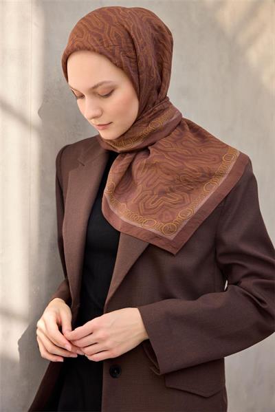 Viskon Velora Eşarp Dört Mevsim Zincir Desen Çikolata 90x90