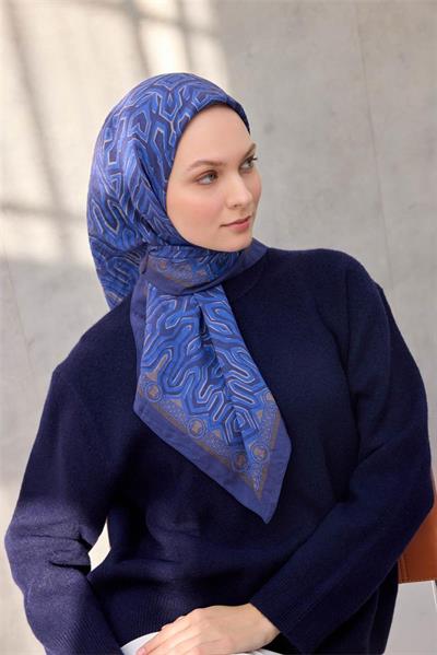 Viskon Velora Eşarp Dört Mevsim Zincir Desen Koyu Mavi 90x90