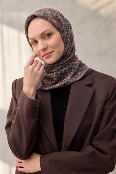 Viskon Velora Eşarp Yonca Desenli Petrol Yeşili Tok Duruşlu 90x90