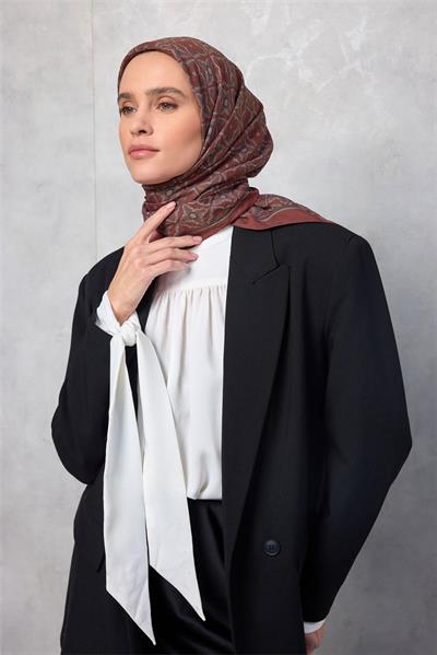 Viskon Velora Eşarp Yonca Desenli Kiremit Tonlu Tok Duruşlu 90x90