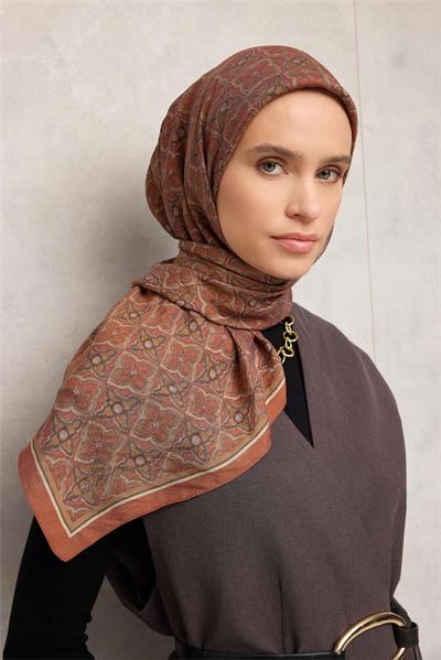 Viskon Velora Eşarp Kiremit Yonca Desenli Tok Duruşlu 90x90