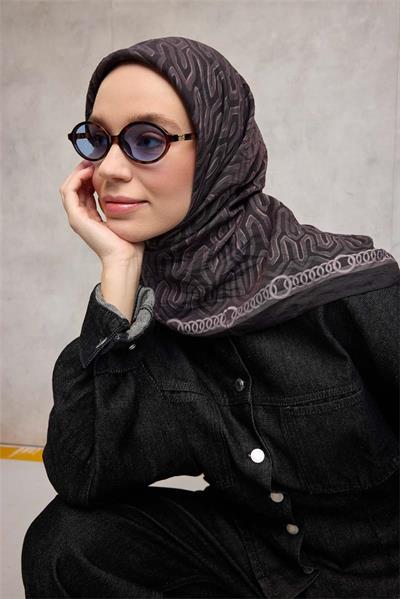 Viskon Velora Eşarp Dört Mevsim Zincir Desen Koyu Siyah 90x90