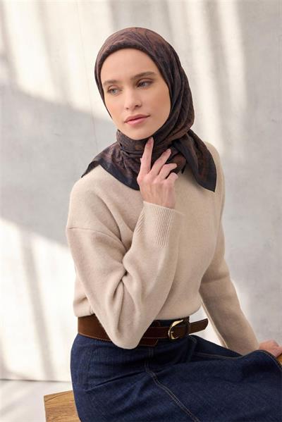 Viskon Velora Eşarp Karma Desenli Acı Kahverengi Tok Duruşlu Dört Mevsim 90x90