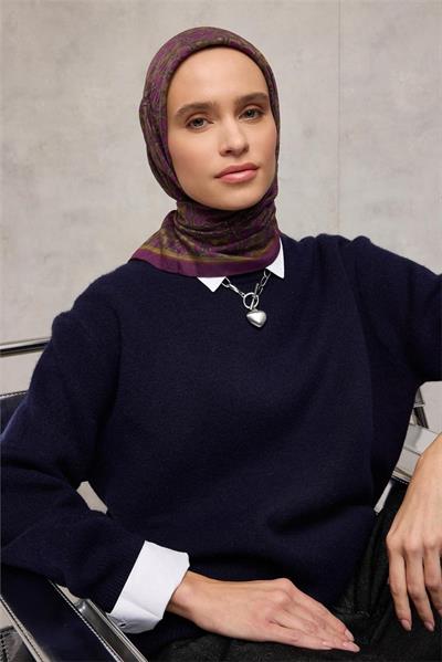 Viskon Velora Eşarp Yonca Desenli Koyu Mor Tok Duruşlu 90x90