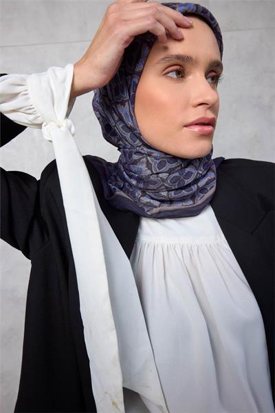 Viskon Velora Eşarp Yonca Desenli Gece Mavisi Tok Duruşlu 90x90