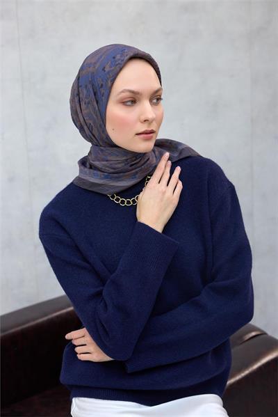 Viskon Velora Eşarp Dört Mevsim Karma Desen Koyu Indigo 90x90