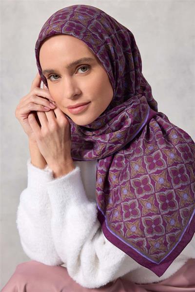 Viskon Velora Eşarp Yonca Desenli Canlı Mor Tok Duruşlu Dört Mevsim 90x90