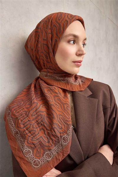 Viskon Velora Eşarp Dört Mevsim Zincir Desen Tarçın 90x90