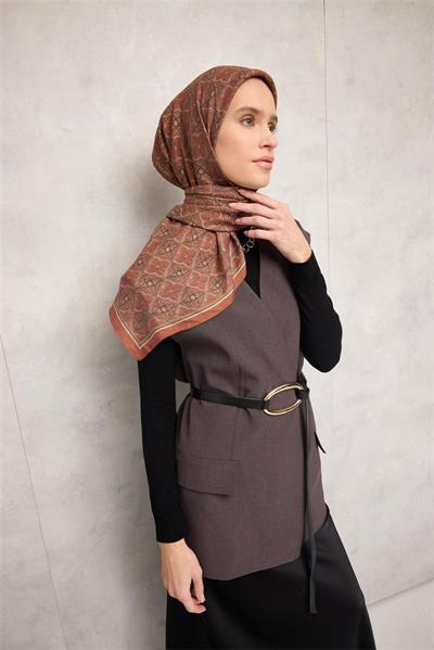 Viskon Velora Eşarp Kiremit Yonca Desenli Tok Duruşlu 90x90