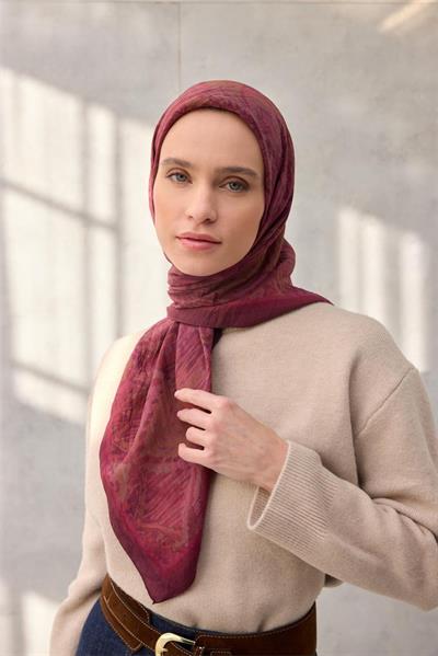 Viskon Velora Eşarp Dört Mevsim Karma Desen Vişne 90x90