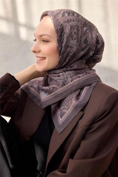 Viskon Velora Eşarp Dört Mevsim Karma Desen Yanık Kahve 90x90