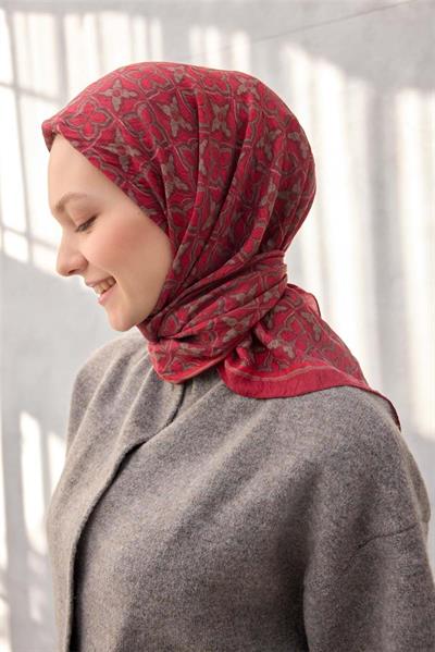 Viskon Velora Eşarp Yonca Desenli Vişne Çürüğü Tok Duruşlu Dört Mevsim 90x90