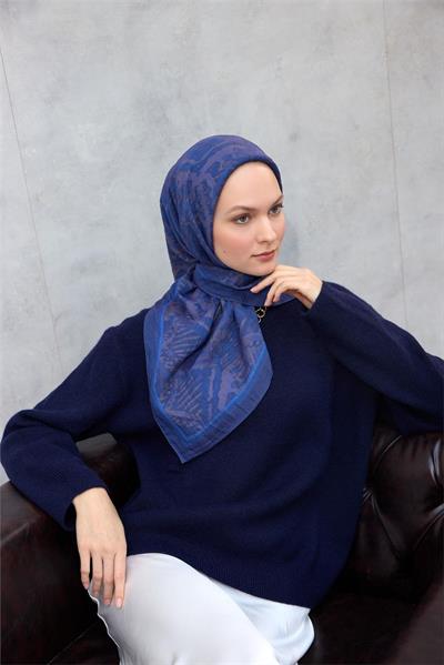 Viskon Velora Eşarp Dört Mevsim Karma Desen Mavi 90x90