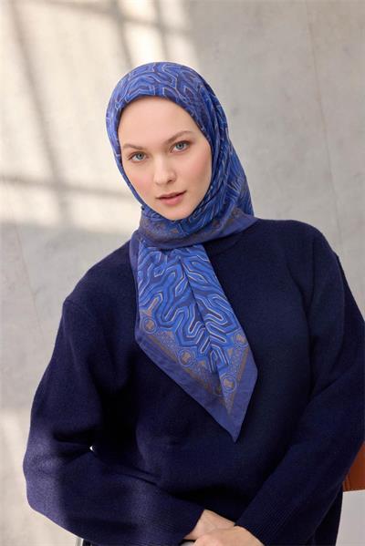 Viskon Velora Eşarp Dört Mevsim Zincir Desen Koyu Mavi 90x90