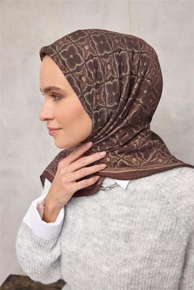 Viskon Velora Eşarp Acı Kahve Yonca Desenli Tok Duruşlu 90x90
