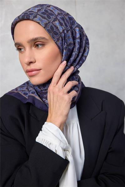 Viskon Velora Eşarp Yonca Desenli Gece Mavisi Tok Duruşlu 90x90