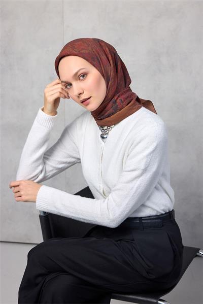 Viskon Velora Eşarp Dört Mevsim Karma Desen Koyu Tarçın 90x90