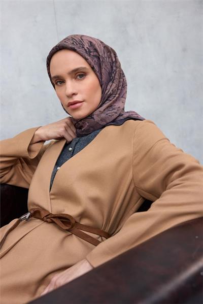 Viskon Velora Eşarp Antrasit Füme Karma Desenli Tok Duruşlu 90x90