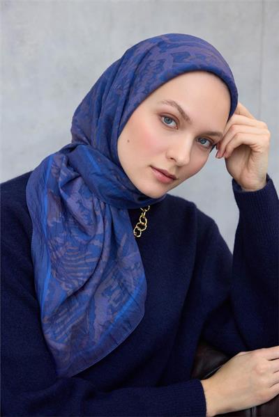 Viskon Velora Eşarp Dört Mevsim Karma Desen Mavi 90x90