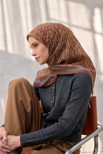 Viskon Velora Eşarp Dört Mevsim Zincir Desen Kiremit 90x90