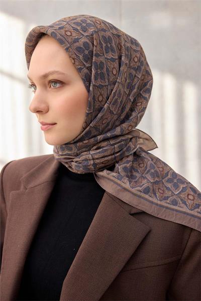 Viskon Velora Eşarp Yonca Desenli Gri Vizon Tonlu Tok Duruşlu 90x90