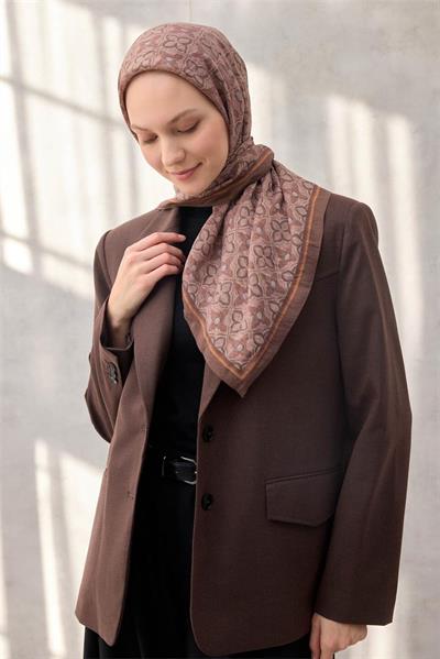 Viskon Velora Eşarp Pudra Vizon Yonca Desenli Tok Duruşlu 90x90