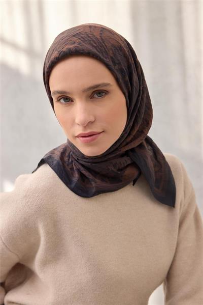 Viskon Velora Eşarp Karma Desenli Acı Kahverengi Tok Duruşlu Dört Mevsim 90x90