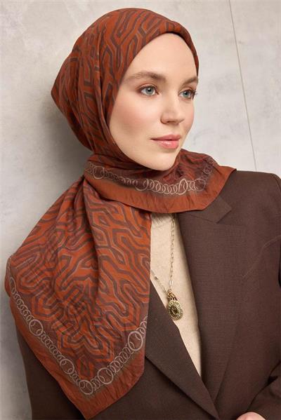Viskon Velora Eşarp Dört Mevsim Zincir Desen Tarçın 90x90