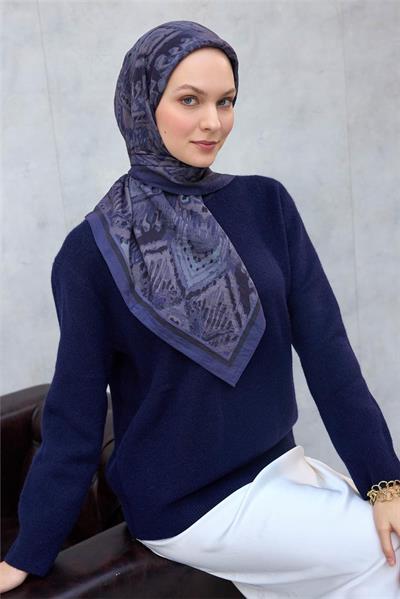 Viskon Velora Eşarp Dört Mevsim Karma Desen Koyu Mavi 90x90