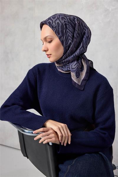 Viskon Velora Eşarp Dört Mevsim Zincir Desen Gece Mavisi 90x90