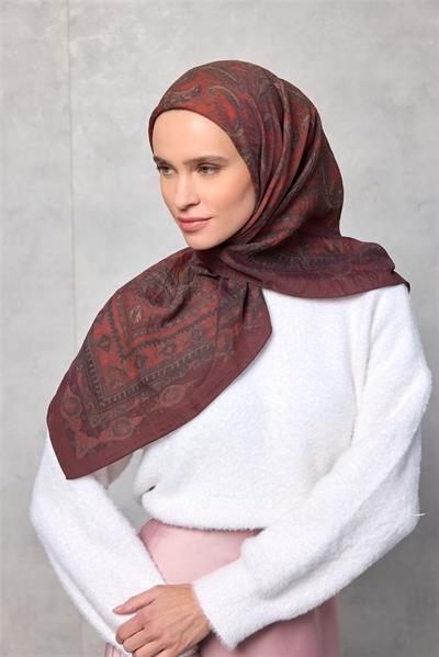 Viskon Velora Eşarp Dört Mevsim Kızıl Kahve 90x90