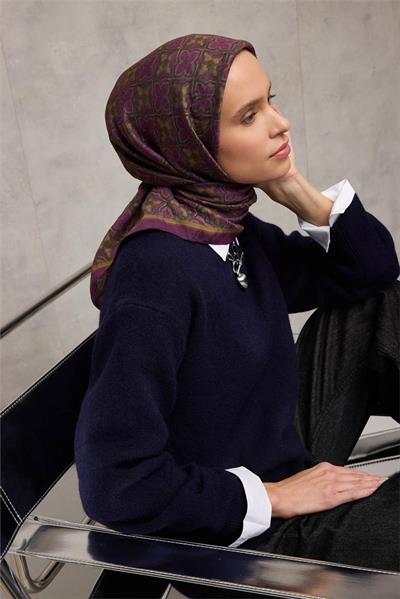 Viskon Velora Eşarp Yonca Desenli Koyu Mor Tok Duruşlu 90x90