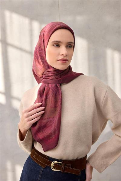 Viskon Velora Eşarp Dört Mevsim Karma Desen Vişne 90x90