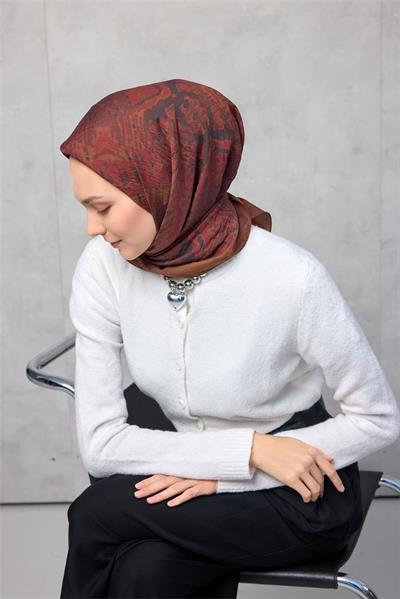 Viskon Velora Eşarp Dört Mevsim Karma Desen Koyu Tarçın 90x90