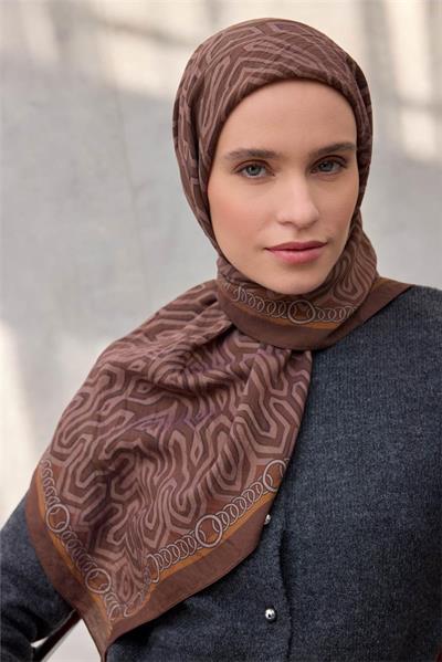 Viskon Velora Eşarp Dört Mevsim Zincir Desen Kahverengi 90x90