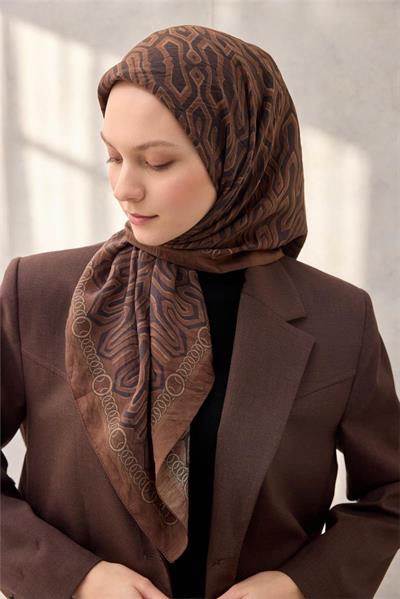 Viskon Velora Eşarp Dört Mevsim Zincir Desen Koyu Tarçın 90x90