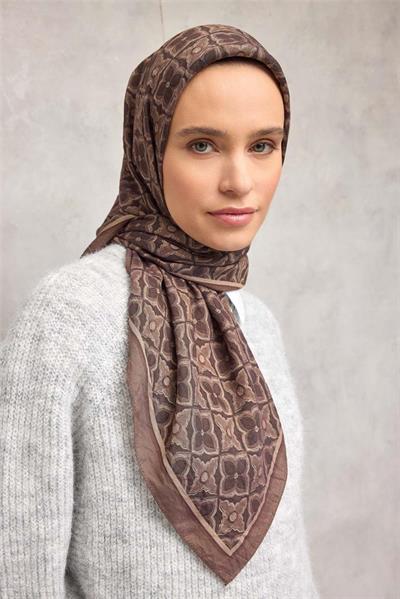 Viskon Velora Eşarp Espresso Kahve Yonca Desenli Tok Duruşlu 90x90