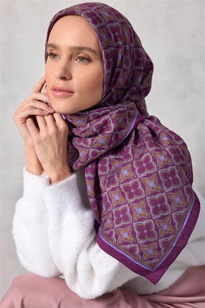 Viskon Velora Eşarp Yonca Desenli Canlı Mor Tok Duruşlu Dört Mevsim 90x90