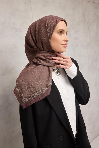 Viskon Velora Eşarp Dört Mevsim Zincir Desen Bakır Kahve 90x90